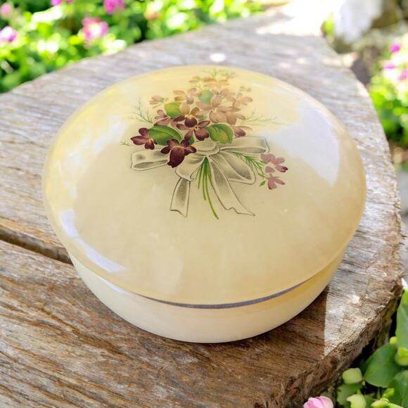 VINTAGE JEWELRY BOX ROUND HINGED ALABASTER MARBLE FLOWER BOUQUET - Picture 1 of 8
